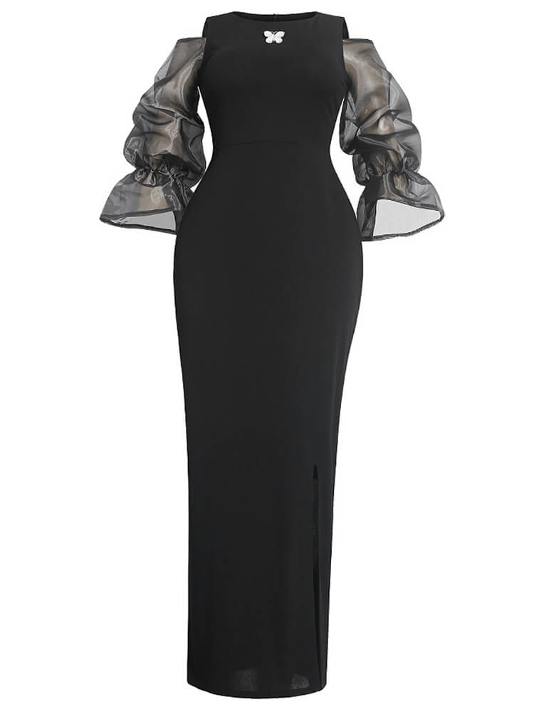 flowersverse Mesh Patchwork Lantern Sleeve Split Bodycon Maxi Dresses
