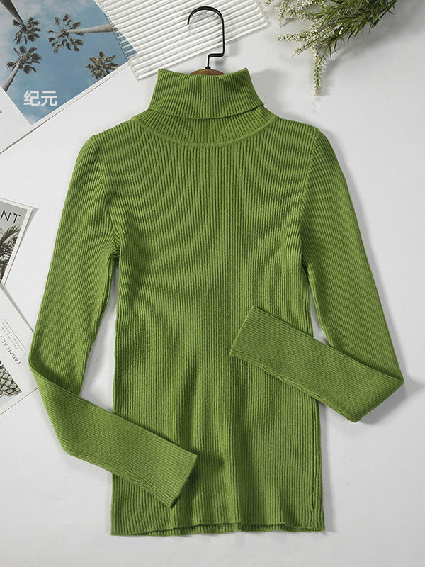 flowersverse Simple Skinny Solid Color High-Neck Sweater Tops