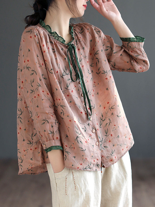 flowersverse Floral Printed Lace-Up Long Sleeves Loose Round-Neck Blouses&Shirts Tops