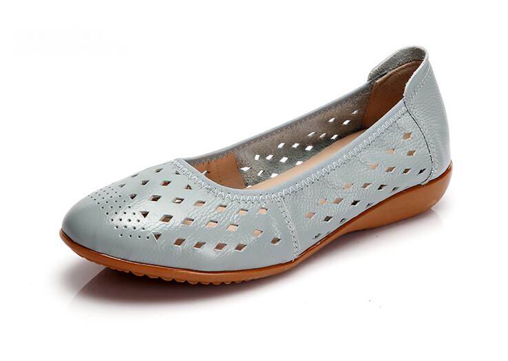 flowersverse Spring Genuine Leather Flat Summer Shoes Women Casual Hollow Breathable Soft Bottom Ladies Flats Plus Size 35-43