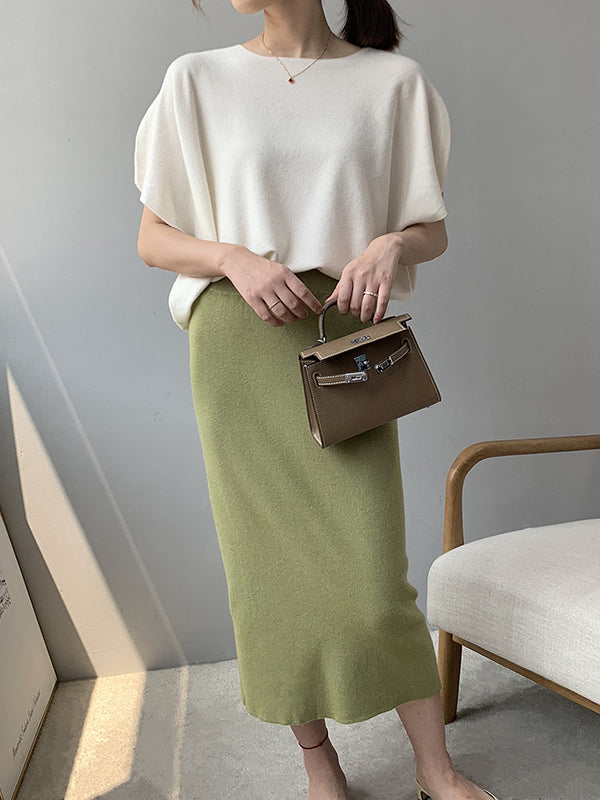 flowersverse Solid Color Half Sleeves Loose Off-The-Shoulder Sweater Tops Pullovers Knitwear