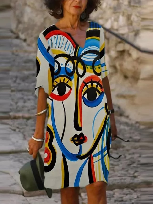 flowersverse Women's Casual Dress Shift Dress Mini Dress Rainbow Gray Half Sleeve Abstract Print Winter Fall Spring V Neck Fashion Daily S M L XL XXL 3XL