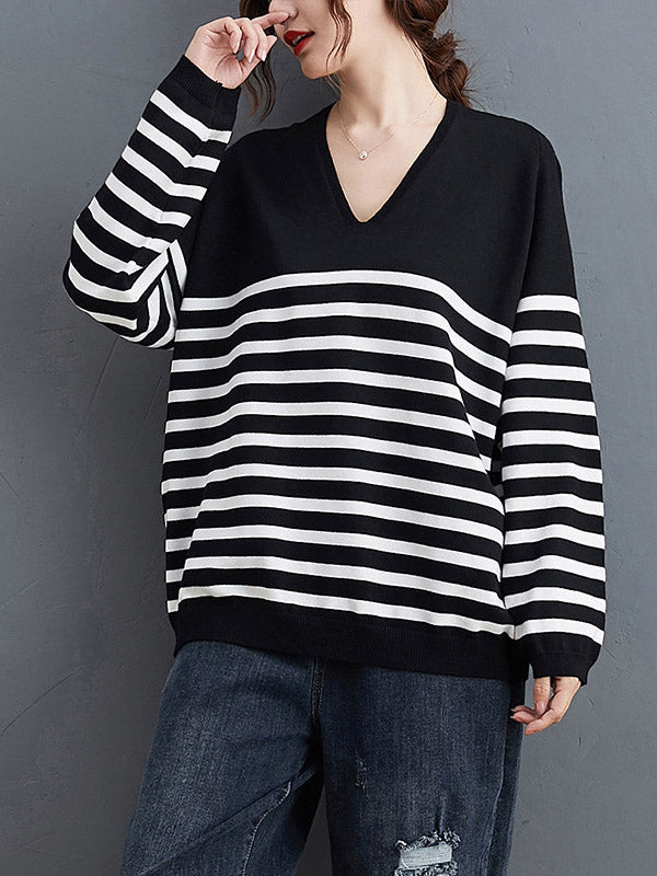 flowersverse Artistic Retro Casual Loose Striped V-Neck Long Sleeves Knitted Sweater