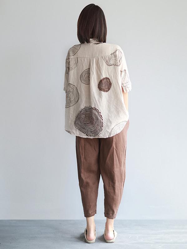 flowersverse Ramie Cotton Loose Annual Ring Pattern Shirt Tops