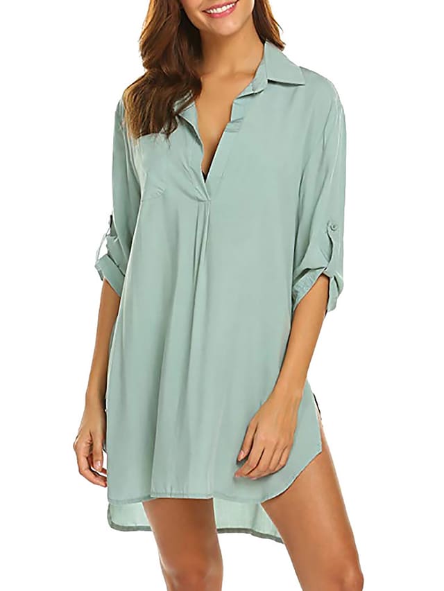 flowersverse Women's Cover Up Beach Dress Beach Wear Mini Dress Button Pocket Fashion Casual Plain Turndown 3/4 Length Sleeve Loose Fit Outdoor Vacation Black White Summer Spring S M L XL