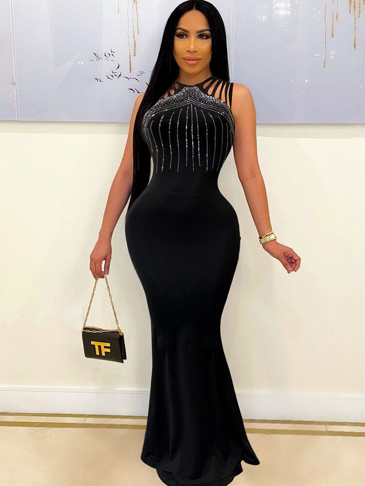 flowersverse Rhinestone Sleeveless Bodycon Maxi Dress