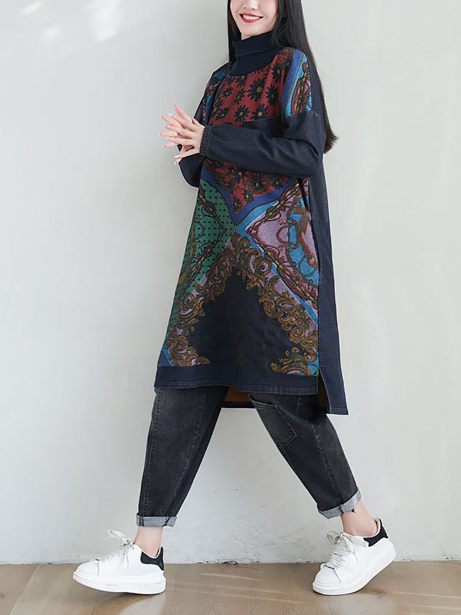 flowersverse Women Fashion Spliced Plaid Winter Fleece-lined Dress
