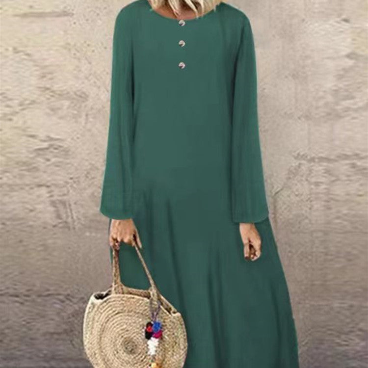 flowersverse Solid Colour Button Down Cotton Linen Long Sleeve Casual Dress