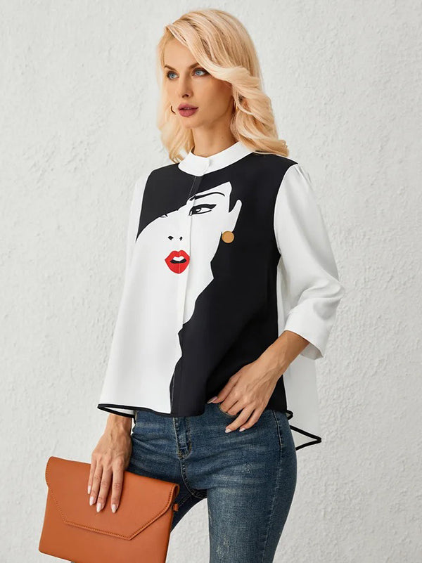 flowersverse Casual Three-Quarter Sleeves Figure Buttoned Printed Stand Collar Blouses&Shirts Tops