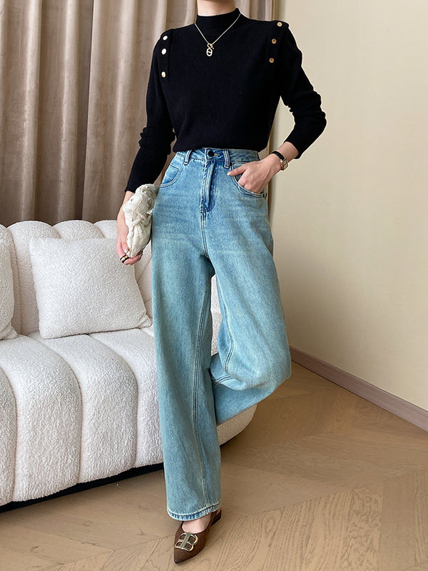flowersverse Buttoned Split-Joint Long Sleeves High-Neck Sweater Tops