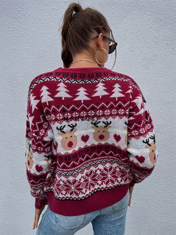flowersverse Christmas Tree Elk Printed Loose Long Sleeves Round-Neck Sweater Tops