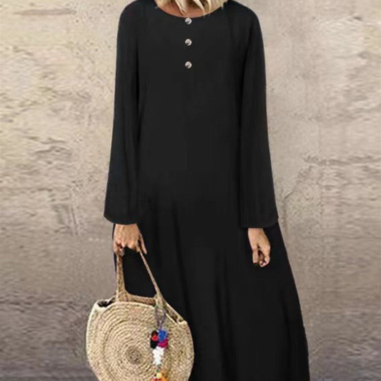 flowersverse Solid Colour Button Down Cotton Linen Long Sleeve Casual Dress