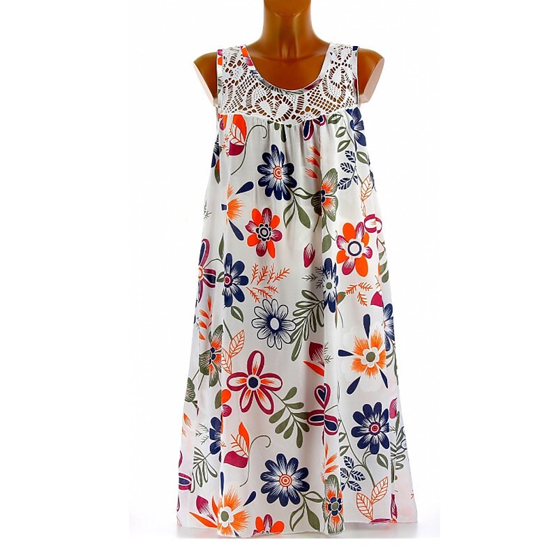 flowersverse Women's Plus Size Curve A Line Dress Floral Round Neck Lace Sleeveless Spring Summer Casual Knee Length Dress Causal Daily Dress / Print
