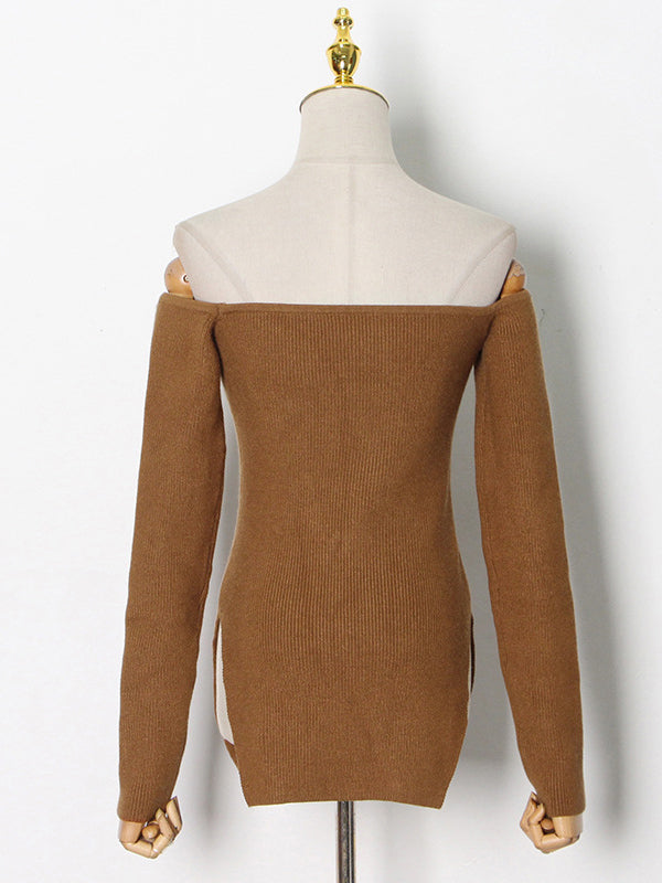 flowersverse Stylish Skinny Irregularity Solid Color Off-The-Shoulder Sweater Tops