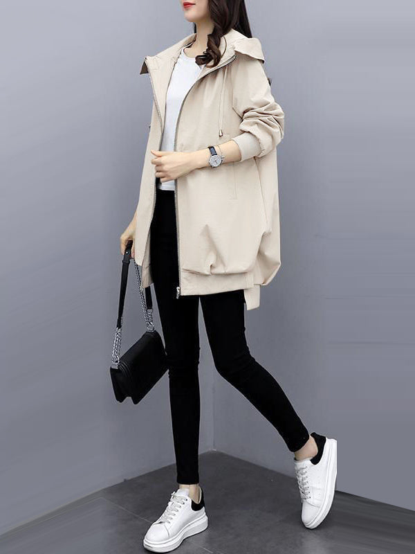 flowersverse Casual Loose 4 Colors Pleated Zipper Hooded Long Sleeves Outwear