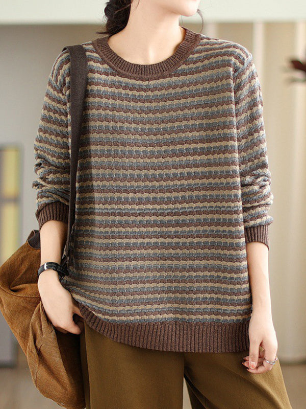 flowersverse Contrast Color Jacquard Velvet Long Sleeves Loose Round-Neck Sweater Tops Pullovers