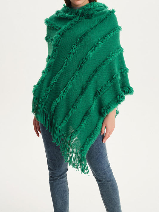 flowersverse Hooded Keep Warm Solid Color Tasseled Shawl&Cloak Cape