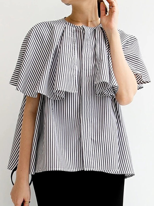 flowersverse Falbala Loose Short Sleeves Round-neck Blouses&shirts Tops