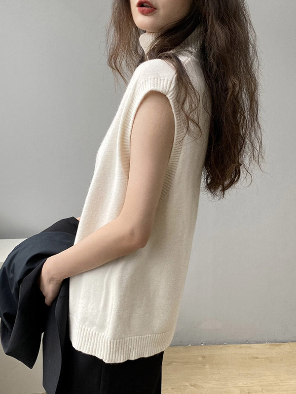 flowersverse Simple Loose Solid Color High-Neck Knitting Vest Top