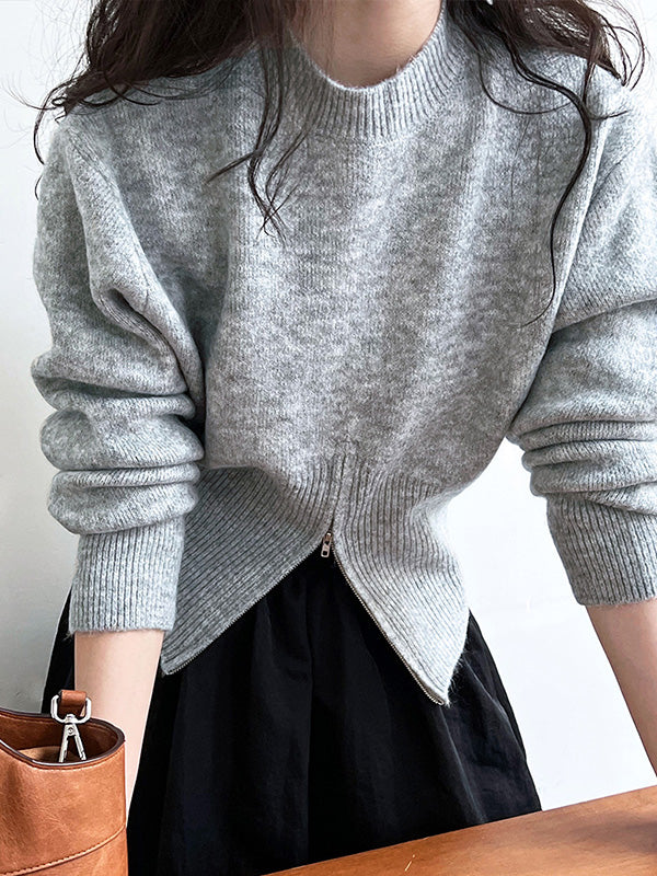 flowersverse Solid Color Zipper Long Sleeves Loose Mock Neck Sweater Tops Pullovers