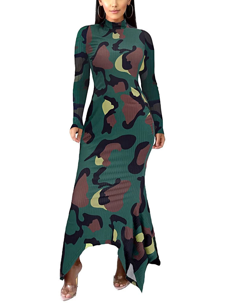 flowersverse Mock Neck Ribbed Knit Bodycon Long Sleeve Maxi Dresses