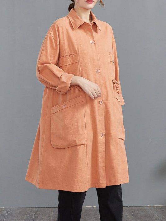 flowersverse Casual Loose Solid Color Buttoned Lapel Collar Long Sleeves Trench Coat