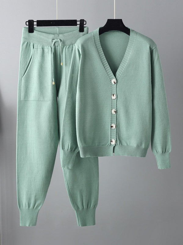 flowersverse Casual Loose Solid Color V-Neck Cardigan Tops & Harem Pants Two Pieces Set