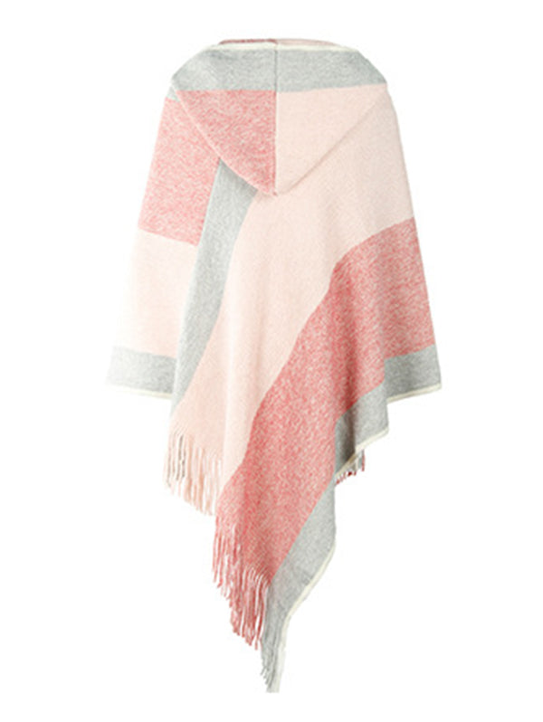 flowersverse Casual Loose Striped Tasseled Hooded Cape