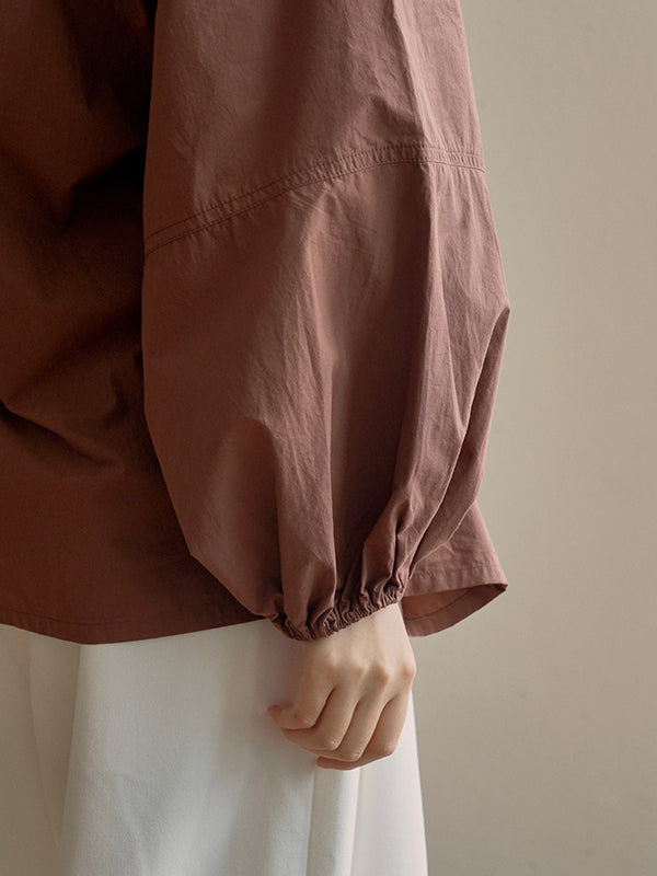 flowersverse Buttoned Elasticity Pleated Solid Color Bishop Sleeve Long Sleeves Round-Neck Blouses&Shirts Tops