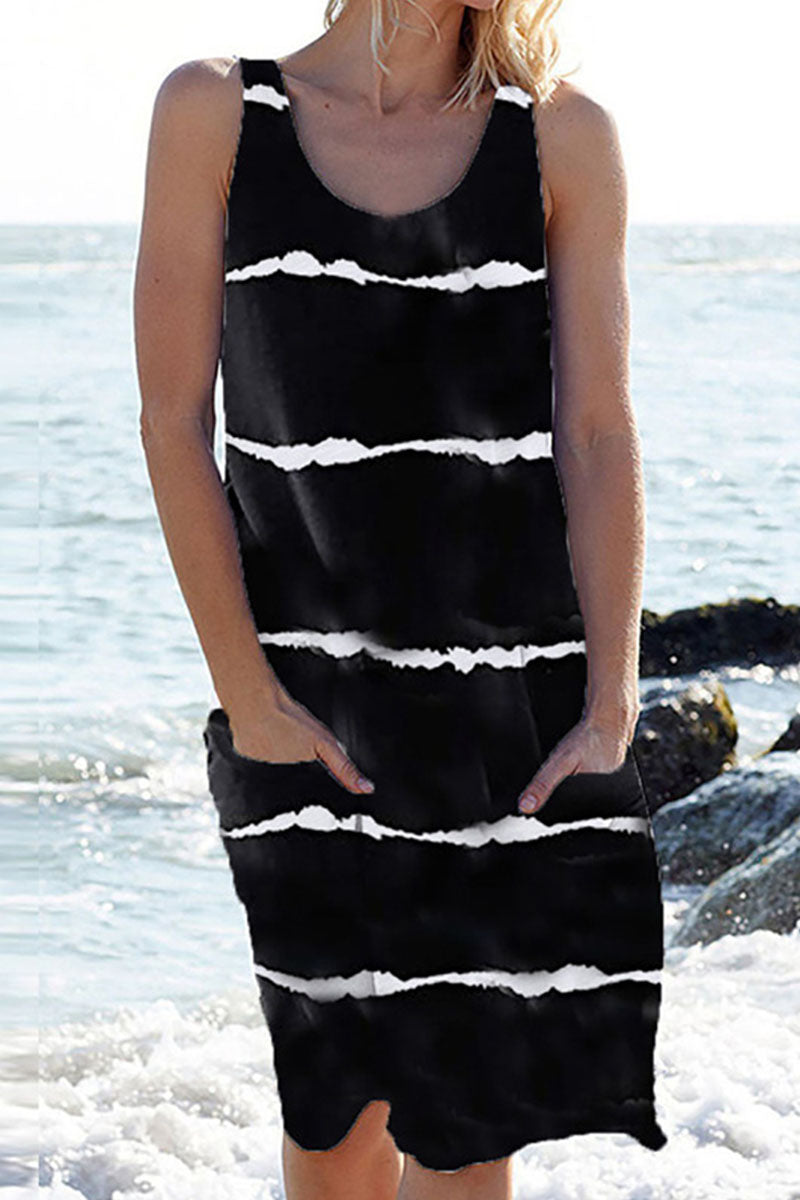 flowersverse Fashion Casual Striped Patchwork O Neck A Line Dresses