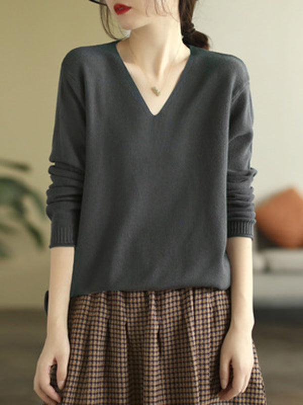 flowersverse Solid Color Long Sleeves Loose V-Neck Sweater Tops