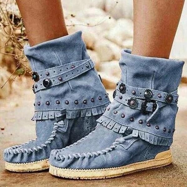 flowersverse Fashion Belt Buckles Tassel Boots