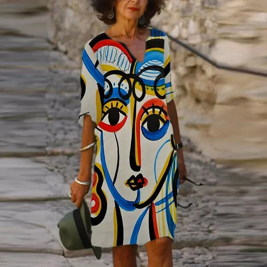 flowersverse Women's Casual Dress Shift Dress Mini Dress Rainbow Gray Half Sleeve Abstract Print Winter Fall Spring V Neck Fashion Daily S M L XL XXL 3XL