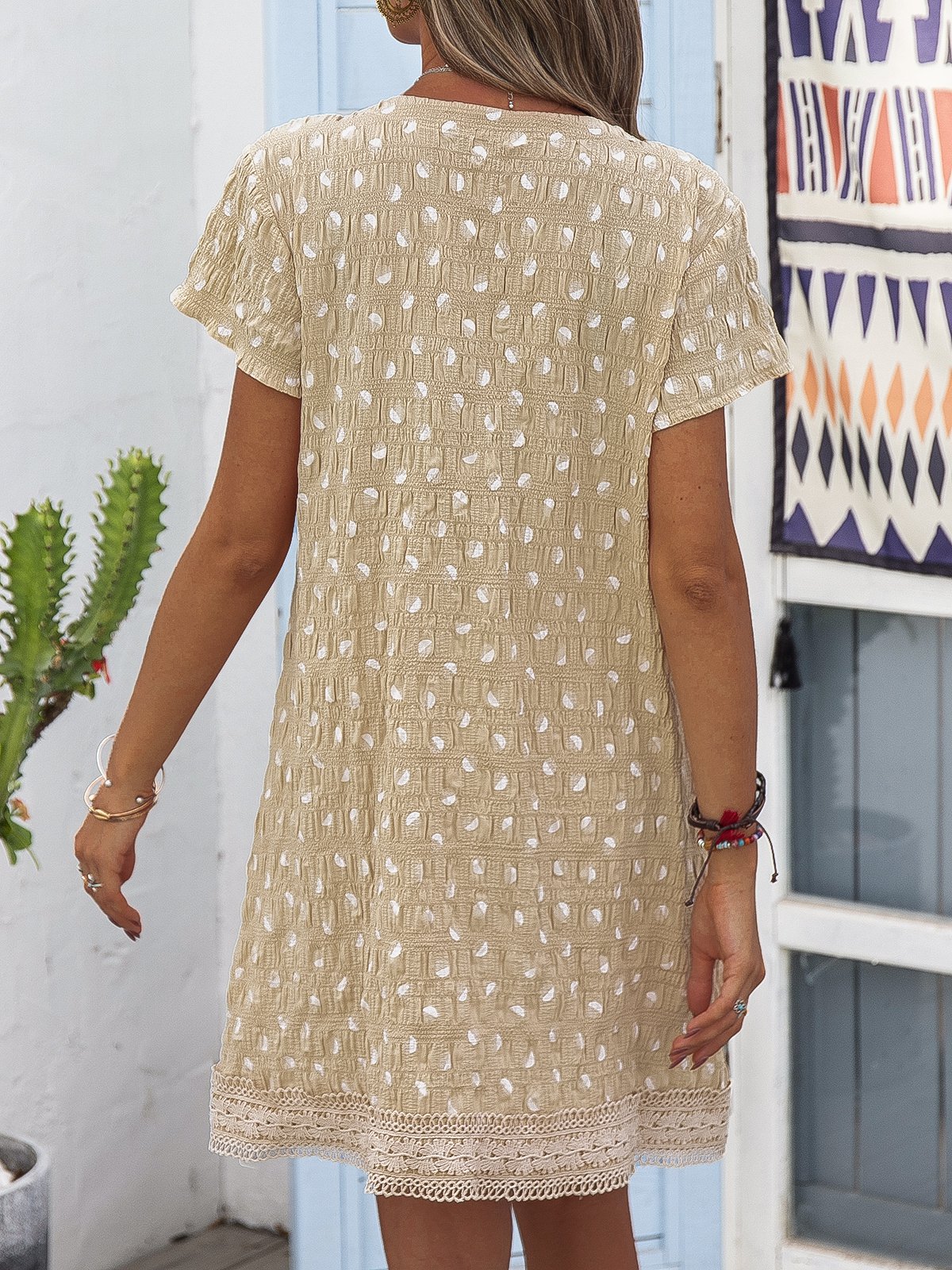 flowersverse Yellow Short Sleeve V Neck A-Line Polka Dots Women Dress