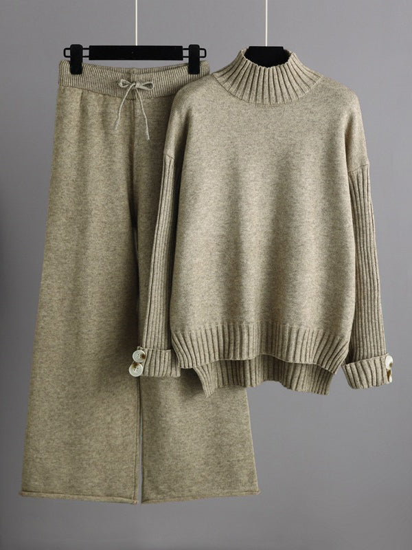 flowersverse Urban Long Sleeves Solid Color Half Turtleneck Sweater Tops & Wide Leg Pants Two Pieces Set
