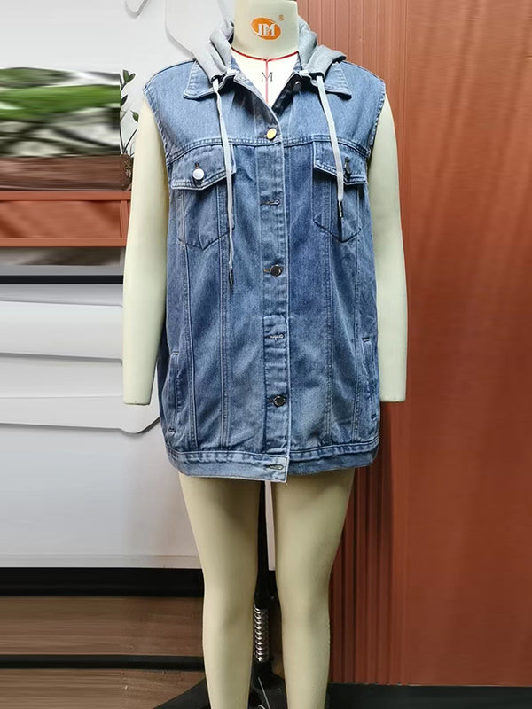 flowersverse Buttoned Detachable Drawstring Hooded Pockets Split-Joint Loose Sleeveless Polo Vest Outerwear