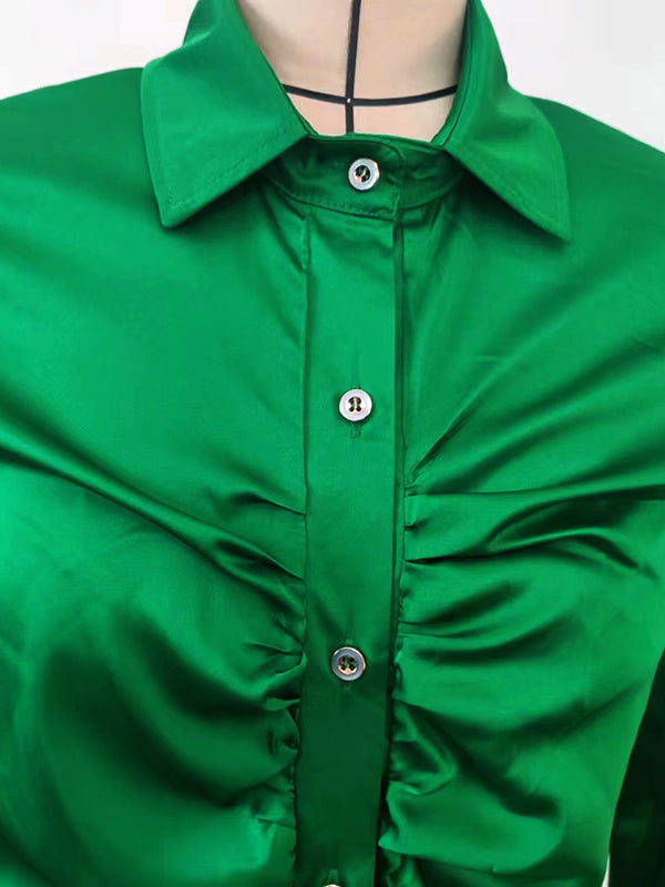 flowersverse Pleated Solid Color Long Sleeves Lapel Blouses&shirts Tops