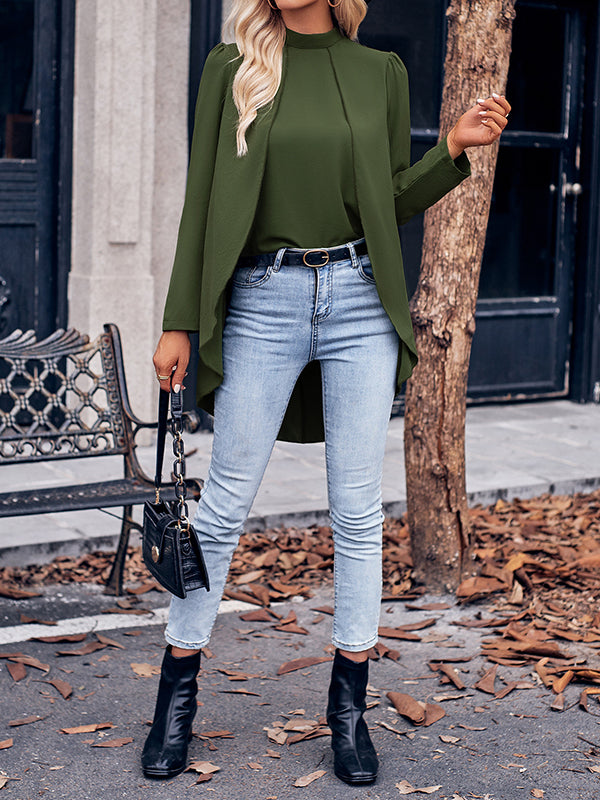 flowersverse Solid Color Split-Joint False Two High-Low Mock Neck Blouses&Shirts Tops