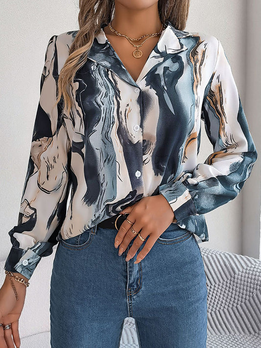 flowersverse Buttoned Printed Long Sleeves Loose Notched Collar Blouses&Shirts Tops
