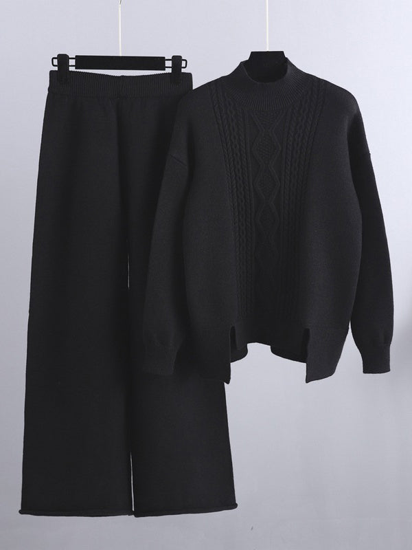 flowersverse Urban Loose Split-Side Half Turtleneck Sweater Tops& Wide Leg Pants Two Pieces Set