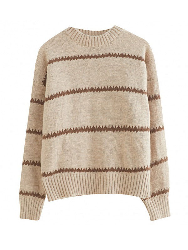 flowersverse Casual Loose Long Sleeves Striped Round-Neck Sweater Tops