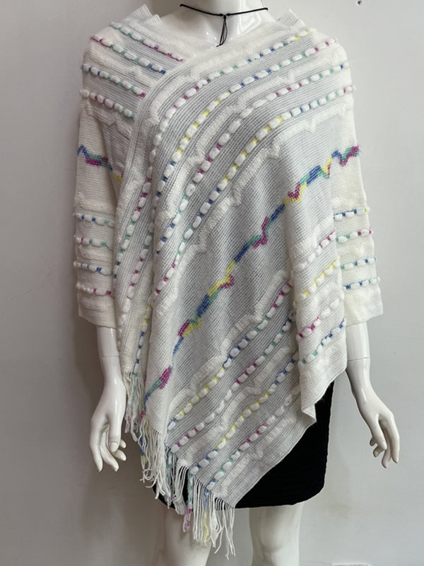 flowersverse Asymmetric Contrast Color Tasseled Loose V-Neck Shawl&Cloak Cape