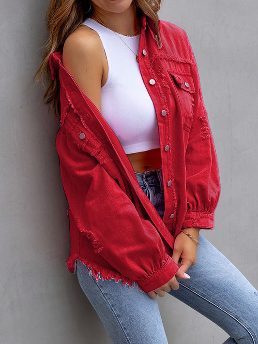 flowersverse Fringed Pockets Long Sleeves Loose Lapel Outerwear