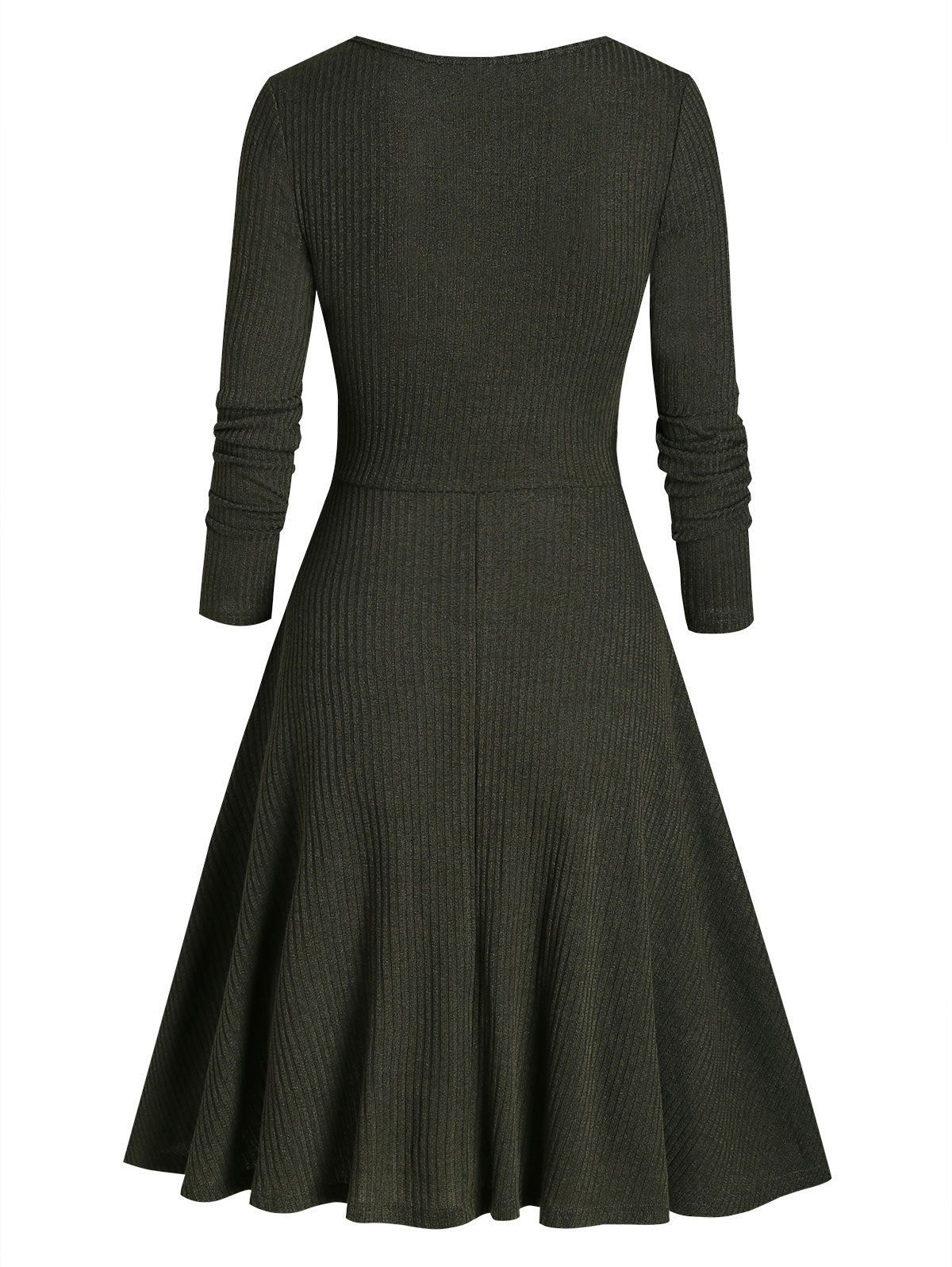 flowersverse Casual Gothic Green Dress Plus Size Criss Cross Ribbed Knitted A Line Dress Long Sleeve Solid Party Dresses Vestidos