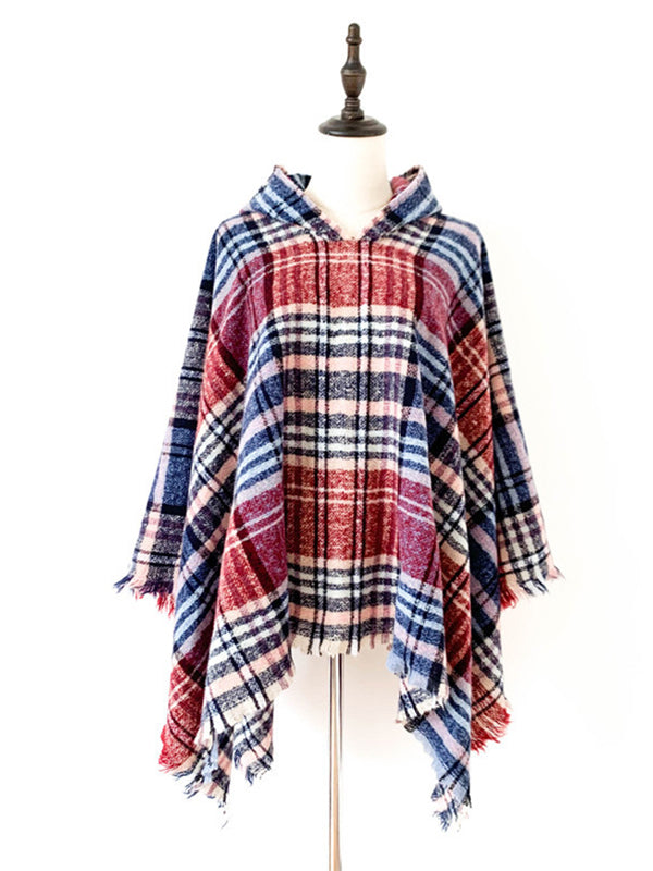 flowersverse Fringed Hooded Keep Warm Plaid Shawl&Cloak Cape