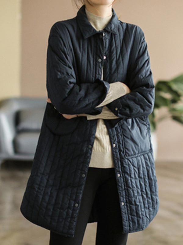 flowersverse Asymmetric Buttoned Pockets Quilted Solid Color Split-side Long Sleeves Loose Lapel Padded Coat