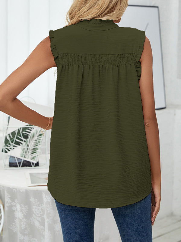 flowersverse Pleated Solid Color Loose Sleeveless Stand Collar Vest Top