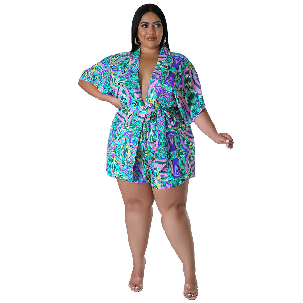 flowersverse Summer Plus Size Loose Print Blouse Lace-Up Shorts Multi-Color Two-Piece Set