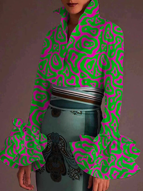 flowersverse Fashion Falbala Flared Sleeves Printed Lapel Collar Blouses&Shirts Tops