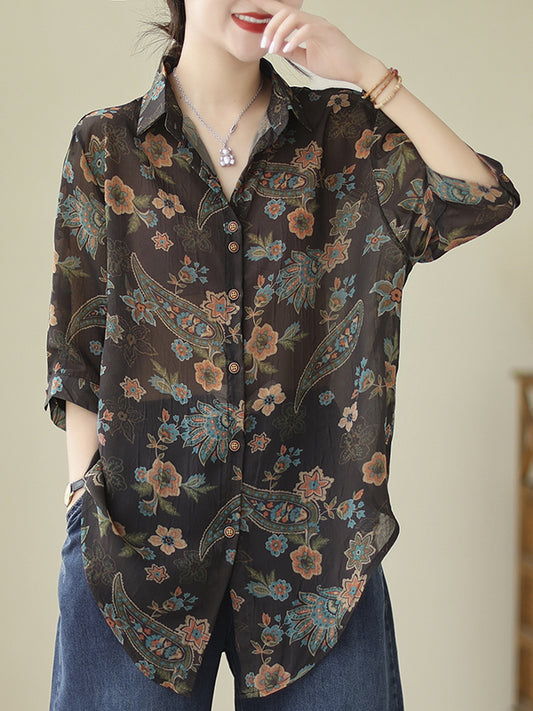 flowersverse Buttoned Flower Print Tied Long Sleeves Loose Lapel Blouses&Shirts Tops